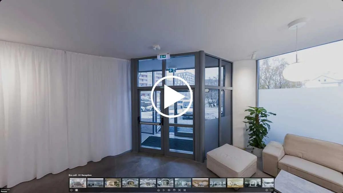 Virtual tour preview: Bro-coli reception with glass entrance doors, sofa and plant