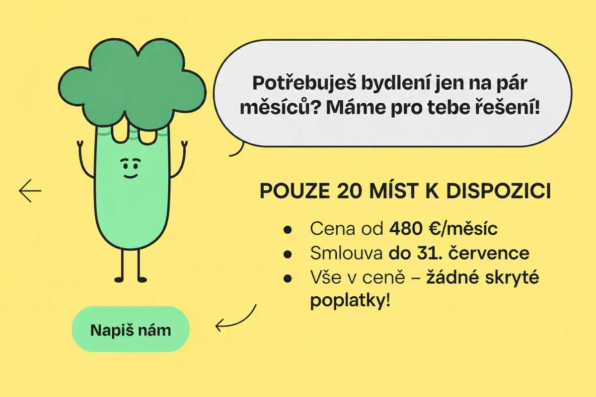 Potřebuješ bydlení jen na pár měsíců? Máme pro tebe řešení! Pouze 20 míst k dispozici. Cena od 480 €/měsíc, smlouva do 31. července, vše v ceně – žádné skryté poplatky! Napiš nám