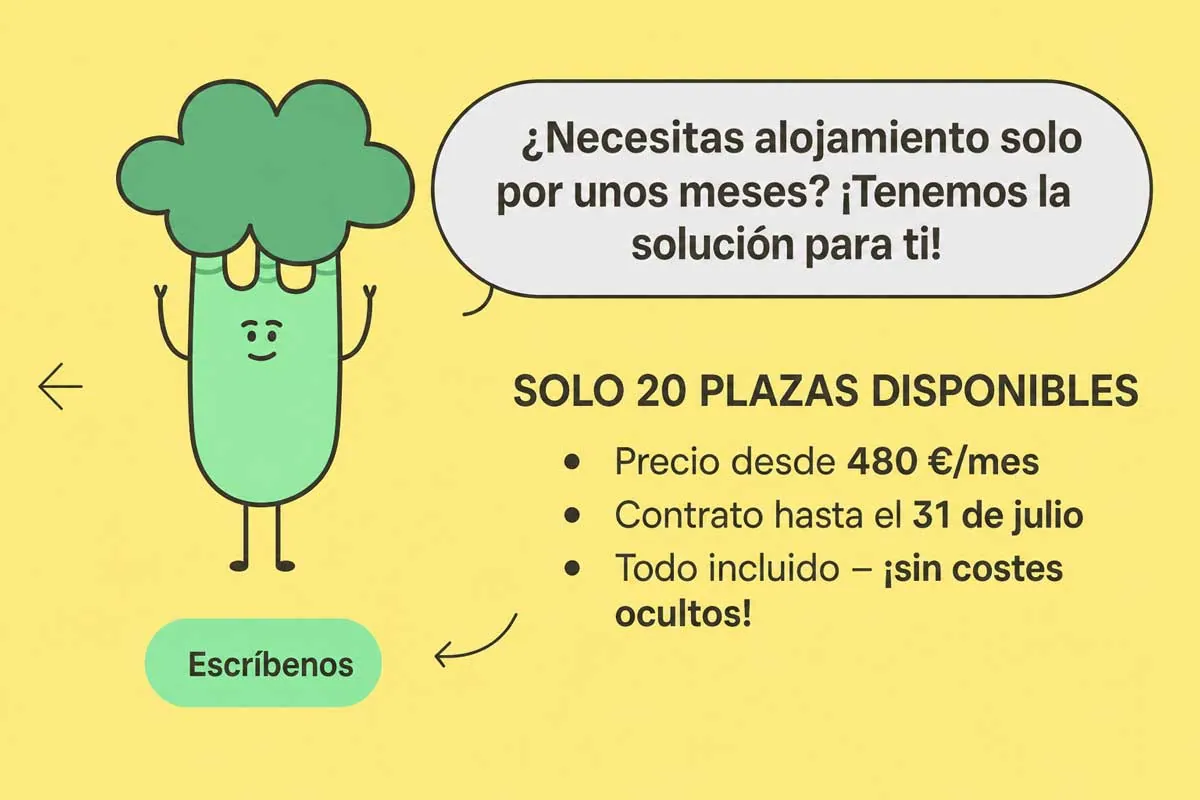 ¿Necesitas alojamiento solo por unos meses? ¡Tenemos la solución para ti! Solo 20 plazas, desde 480 €/mes, contrato hasta el 31 de julio, todo incluido. Escríbenos